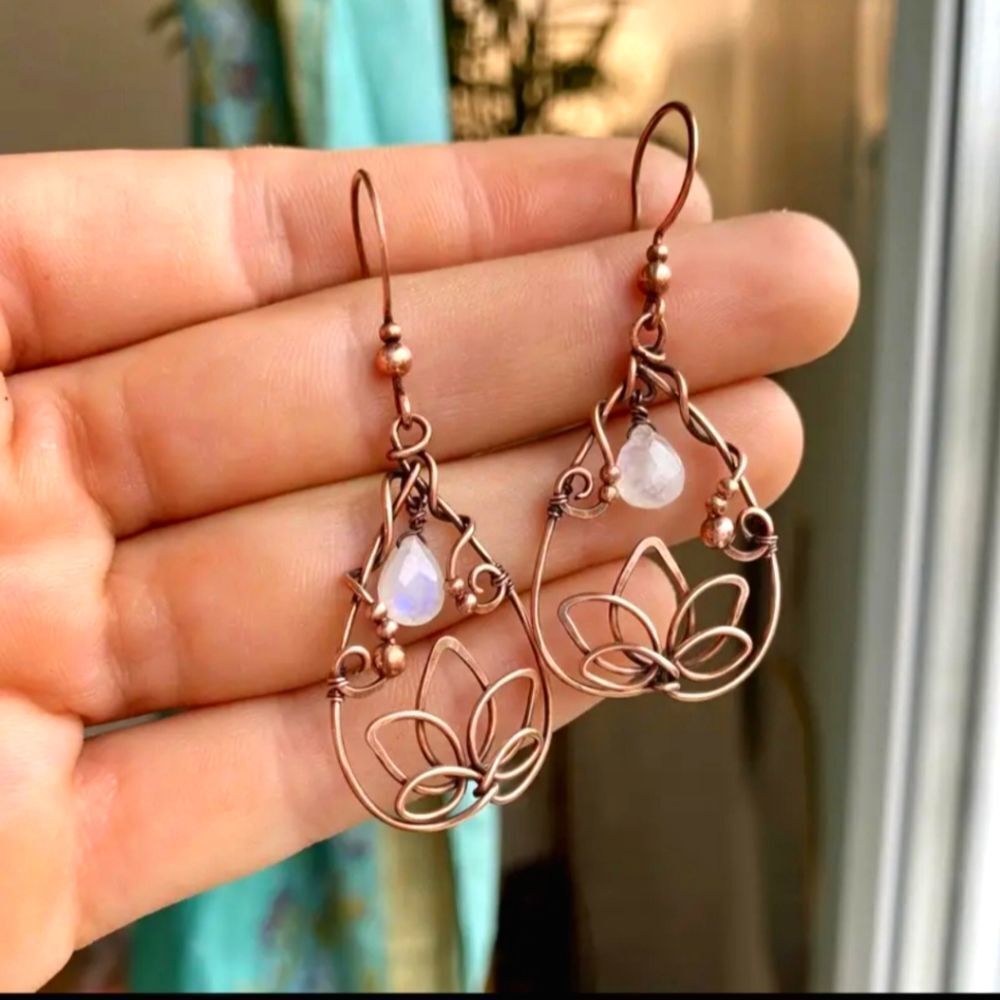 Copper wire lotus flower moonstone tear drop earrings